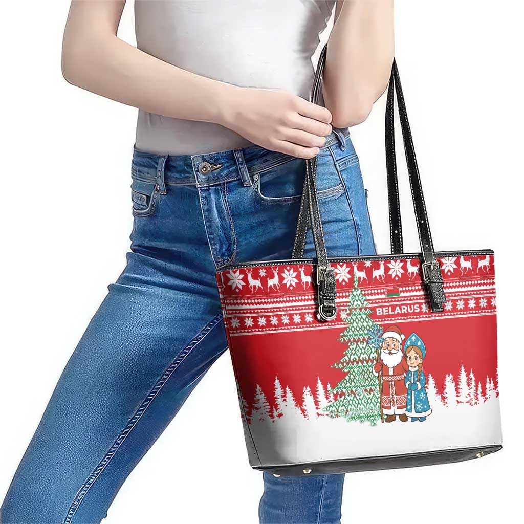 Belarus Christmas Leather Tote Bag with Ded Moroz Snow Maiden Christmas Tree and Nordic Pattern Design - Wonder Print Shop