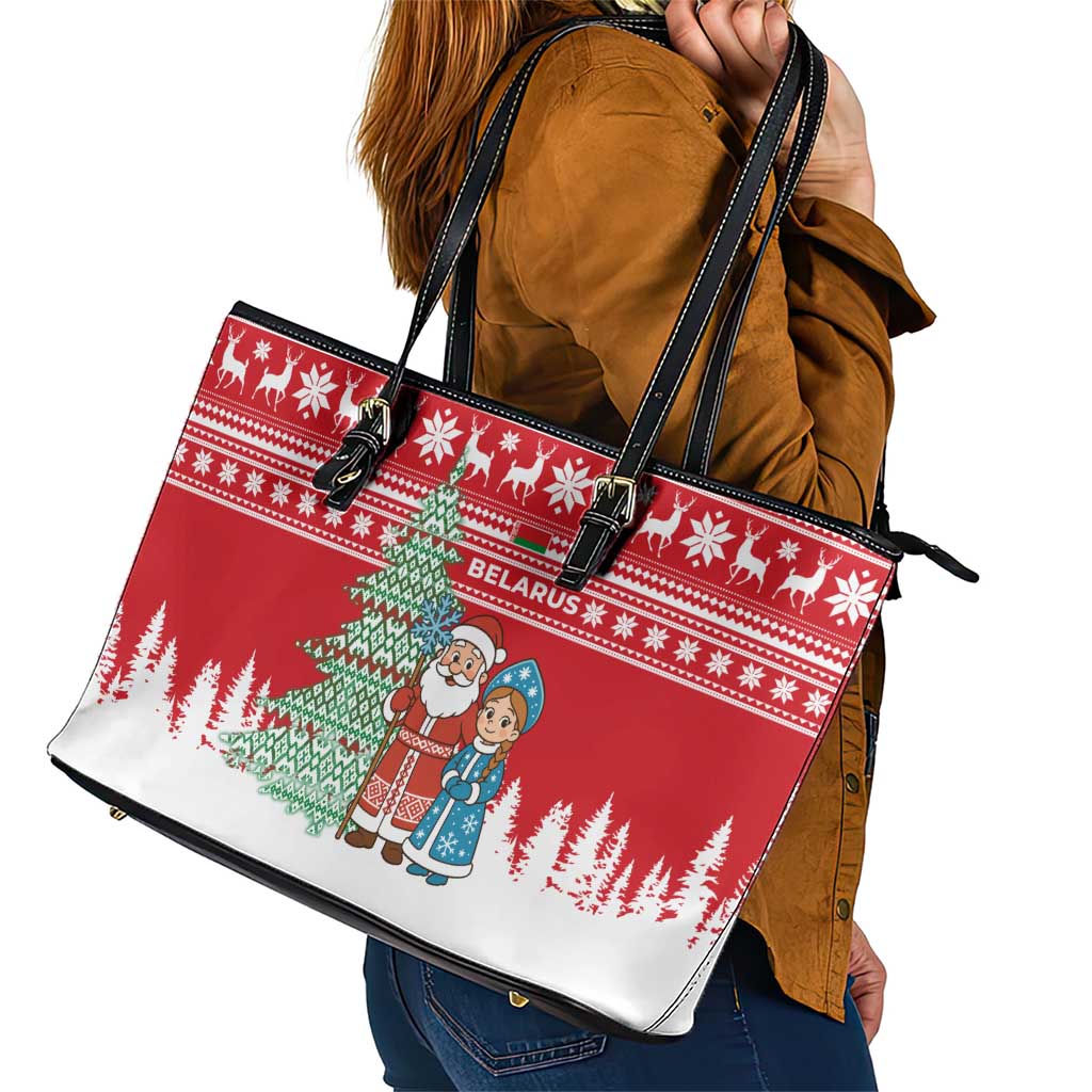 Belarus Christmas Leather Tote Bag with Ded Moroz Snow Maiden Christmas Tree and Nordic Pattern Design - Wonder Print Shop