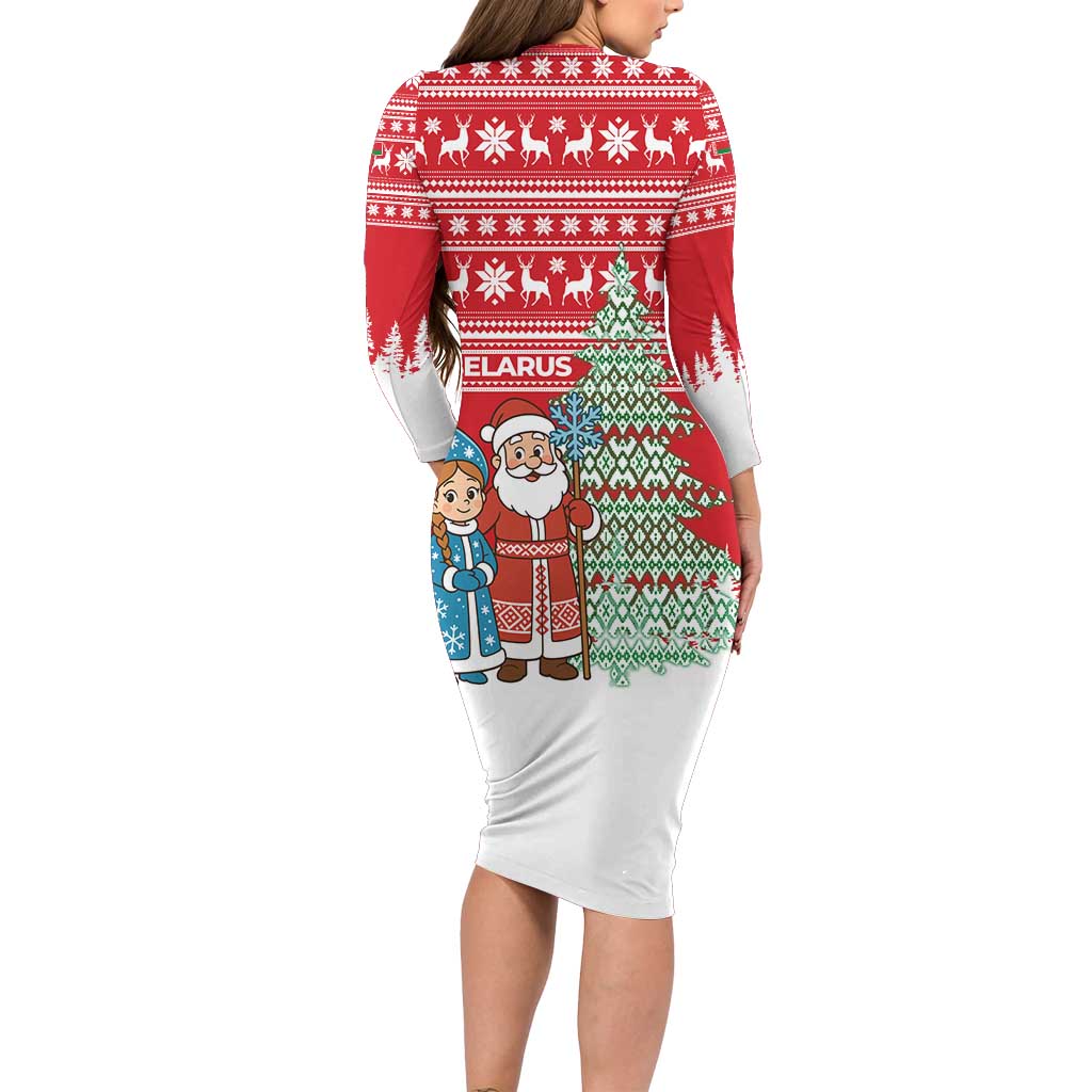 Belarus Christmas Long Sleeve Bodycon Dress with Ded Moroz Snow Maiden Christmas Tree and Nordic Pattern Design - Wonder Print Shop