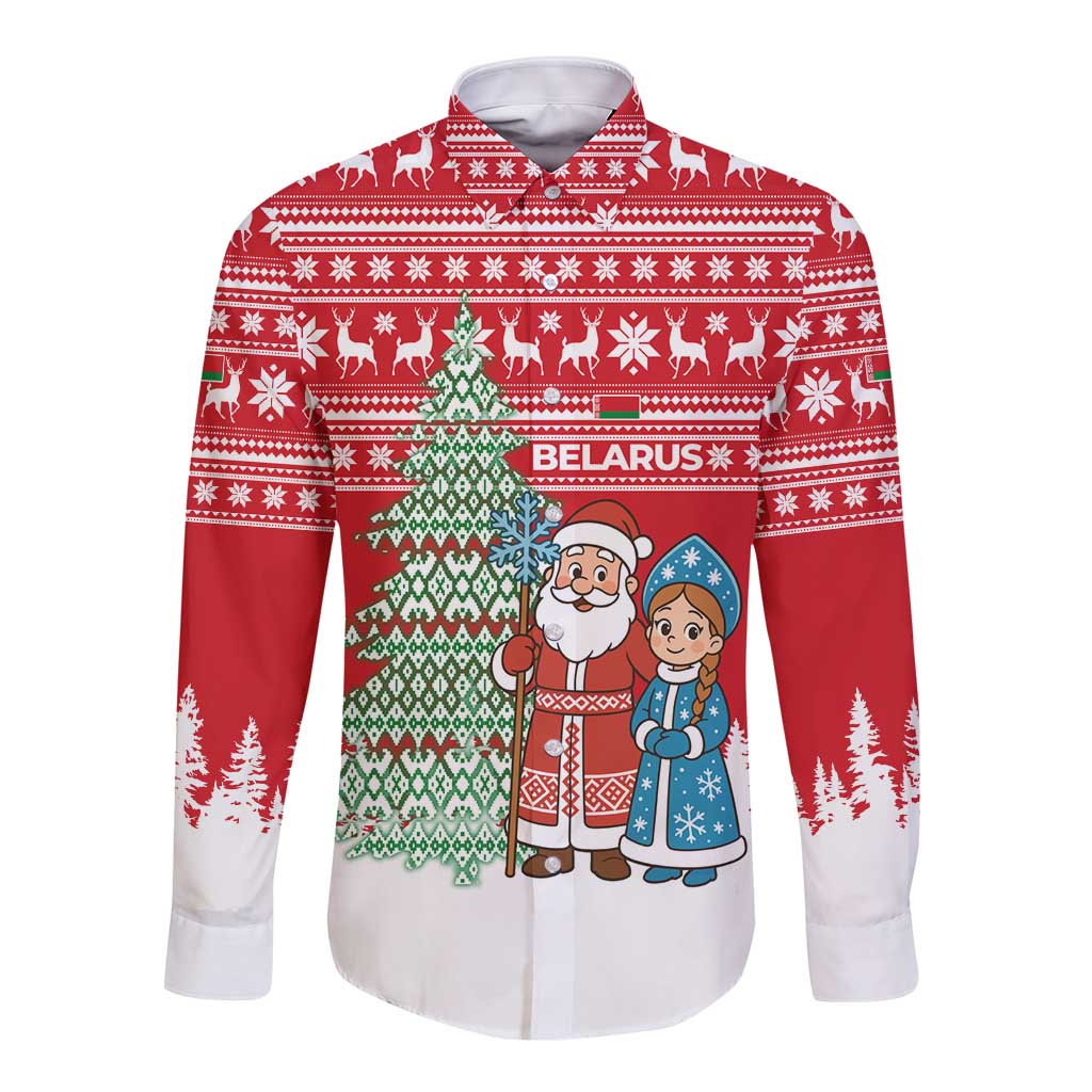 Belarus Christmas Long Sleeve Button Shirt with Ded Moroz Snow Maiden Christmas Tree and Nordic Pattern Design - Wonder Print Shop