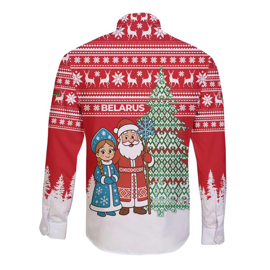 Belarus Christmas Long Sleeve Button Shirt with Ded Moroz Snow Maiden Christmas Tree and Nordic Pattern Design - Wonder Print Shop