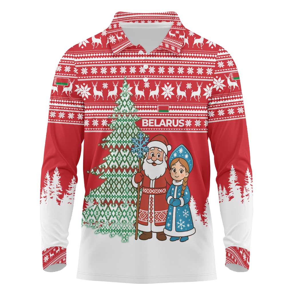 Belarus Christmas Long Sleeve Polo Shirt with Ded Moroz Snow Maiden Christmas Tree and Nordic Pattern Design - Wonder Print Shop