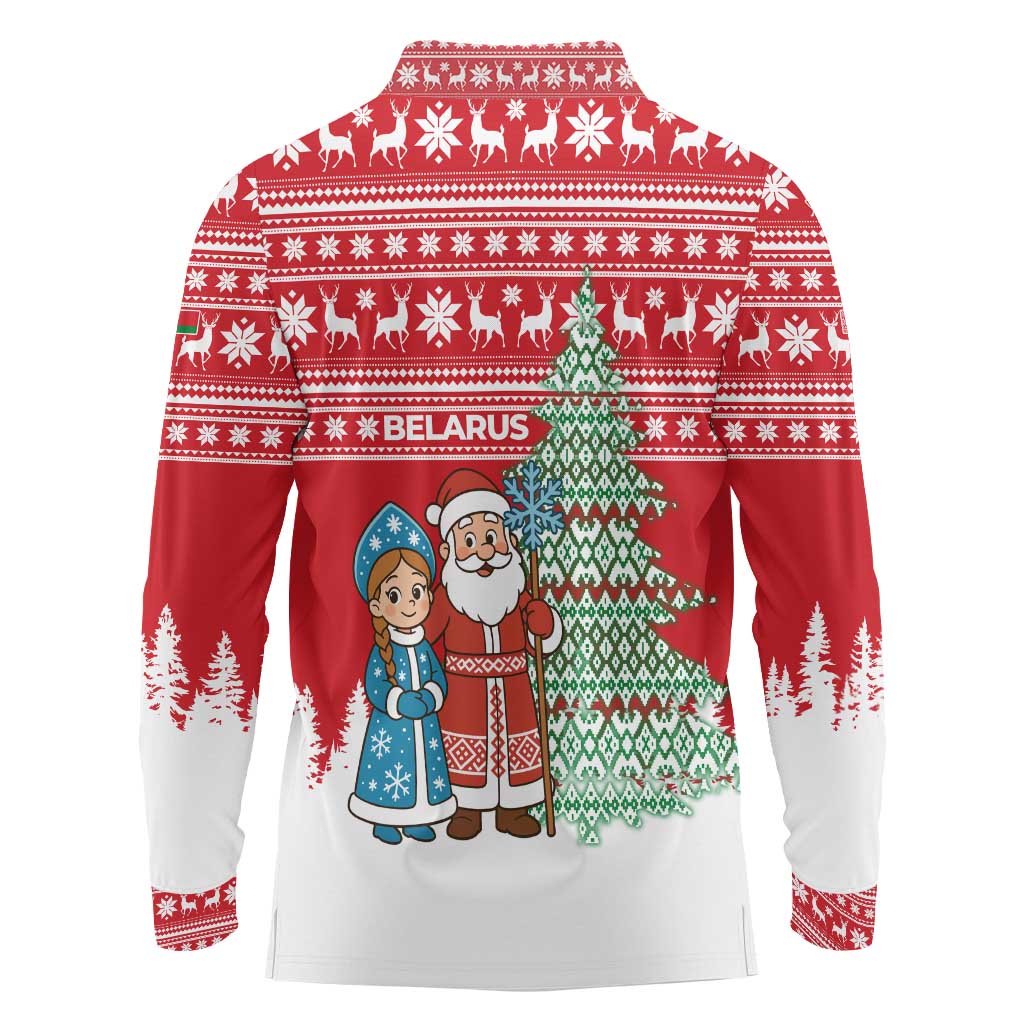 Belarus Christmas Long Sleeve Polo Shirt with Ded Moroz Snow Maiden Christmas Tree and Nordic Pattern Design - Wonder Print Shop