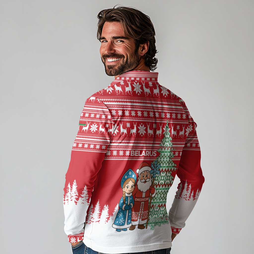 Belarus Christmas Long Sleeve Polo Shirt with Ded Moroz Snow Maiden Christmas Tree and Nordic Pattern Design - Wonder Print Shop