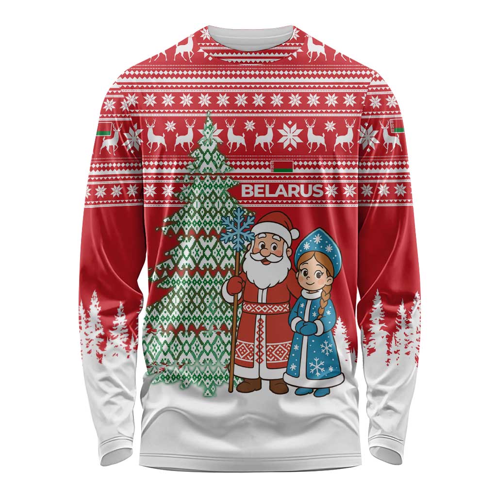 Belarus Christmas Long Sleeve Shirt with Ded Moroz Snow Maiden Christmas Tree and Nordic Pattern Design - Wonder Print Shop