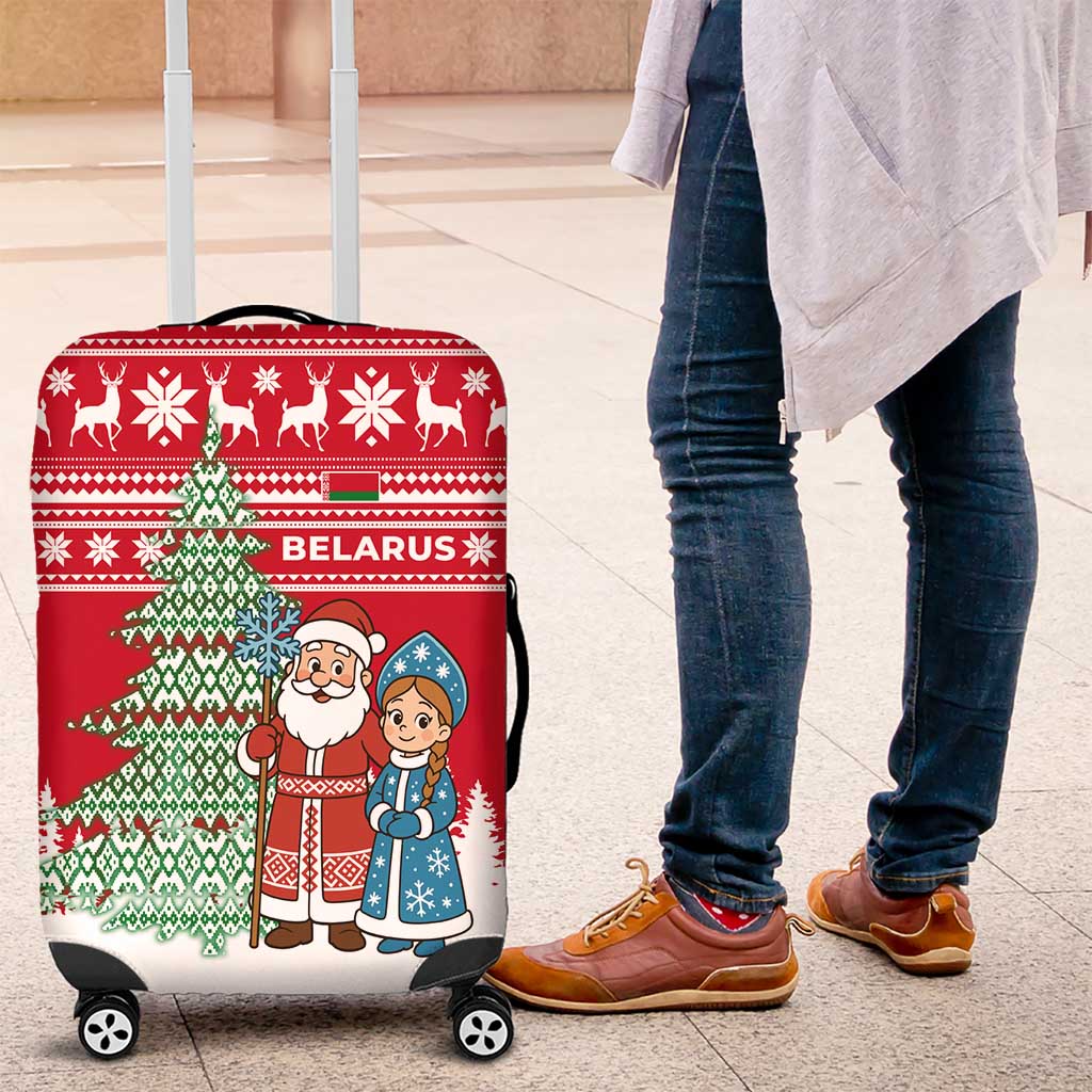 Belarus Christmas Luggage Cover with Ded Moroz Snow Maiden Christmas Tree and Nordic Pattern Design - Wonder Print Shop