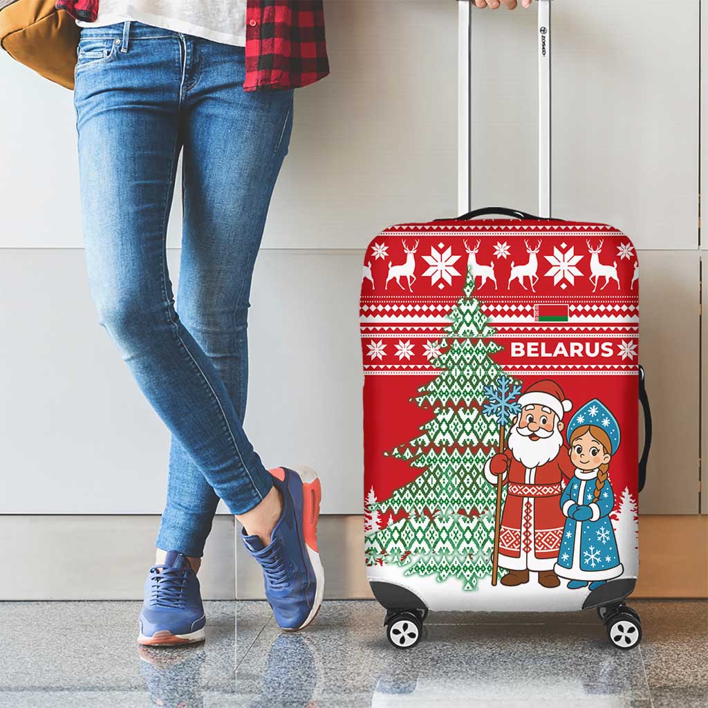 Belarus Christmas Luggage Cover with Ded Moroz Snow Maiden Christmas Tree and Nordic Pattern Design - Wonder Print Shop