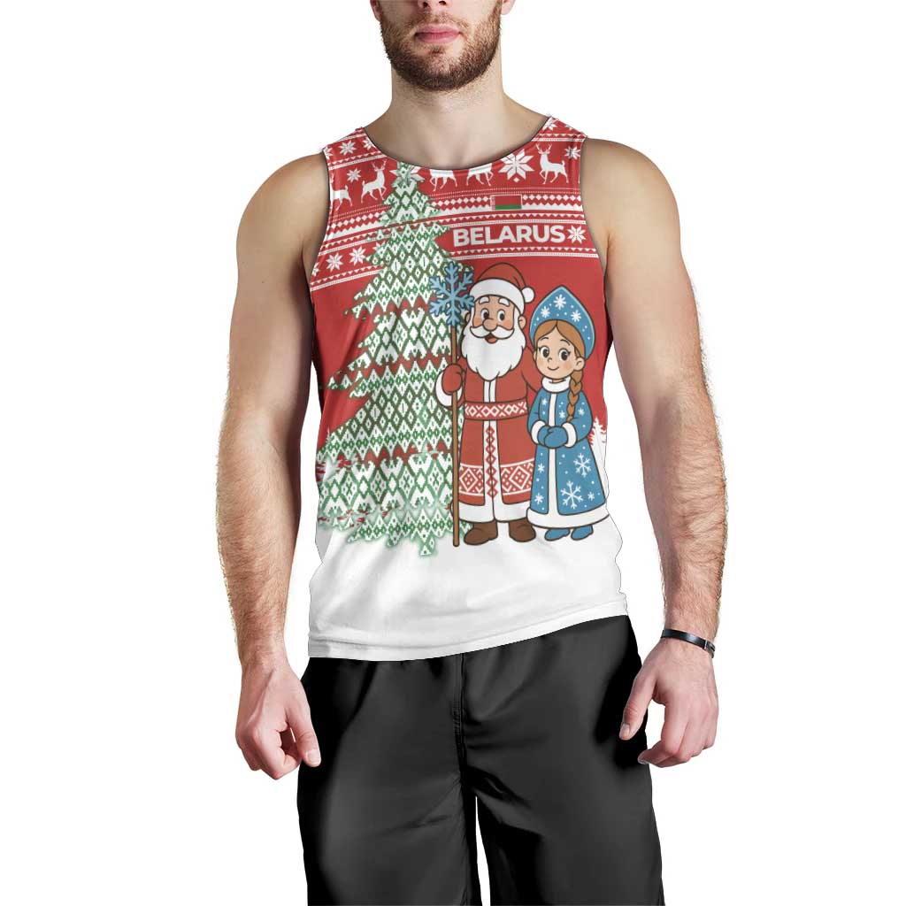 Belarus Christmas Men Tank Top with Ded Moroz Snow Maiden Christmas Tree and Nordic Pattern Design - Wonder Print Shop
