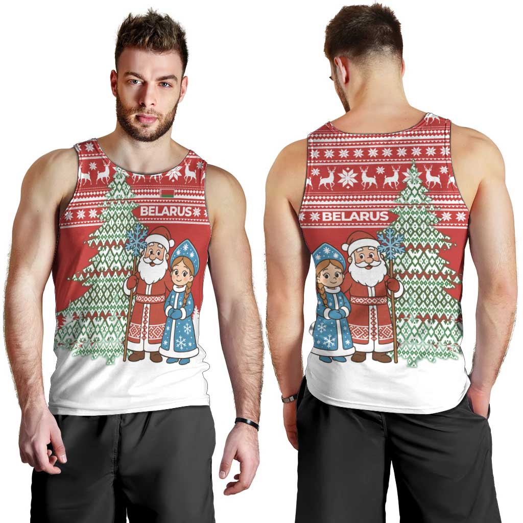 Belarus Christmas Men Tank Top with Ded Moroz Snow Maiden Christmas Tree and Nordic Pattern Design - Wonder Print Shop