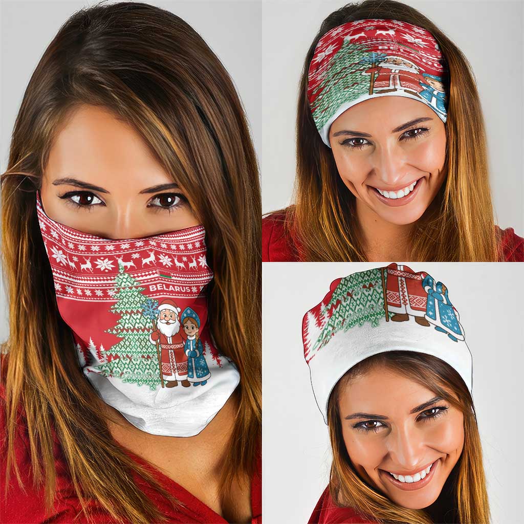 Belarus Christmas Neck Gaiter with Ded Moroz Snow Maiden Christmas Tree and Nordic Pattern Design - Wonder Print Shop