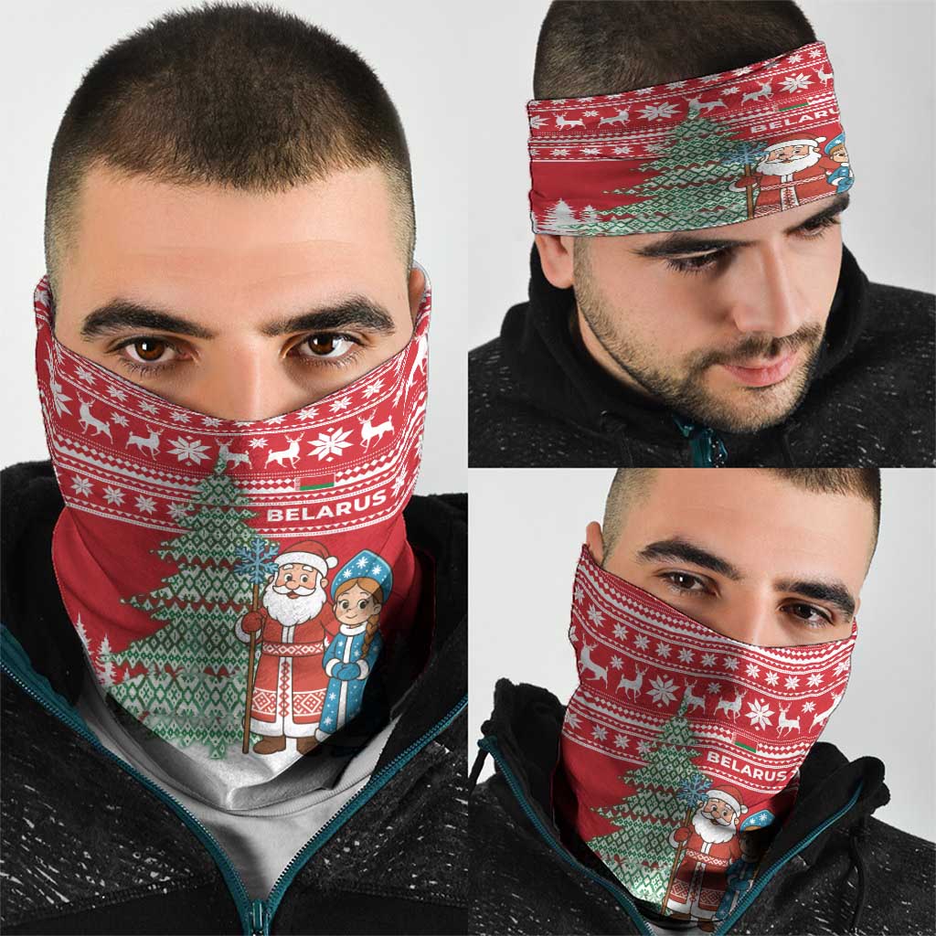 Belarus Christmas Neck Gaiter with Ded Moroz Snow Maiden Christmas Tree and Nordic Pattern Design - Wonder Print Shop