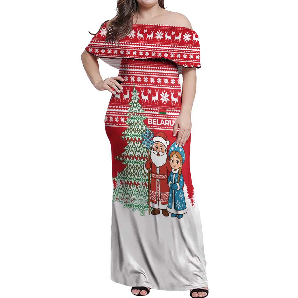 Belarus Christmas Off Shoulder Maxi Dress with Ded Moroz Snow Maiden Christmas Tree and Nordic Pattern Design - Wonder Print Shop