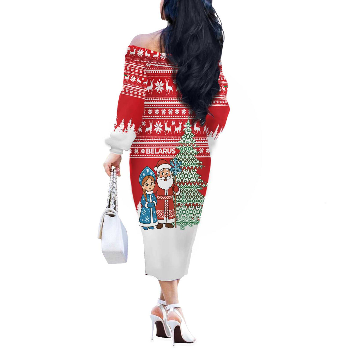 Belarus Christmas Off The Shoulder Long Sleeve Dress with Ded Moroz Snow Maiden Christmas Tree and Nordic Pattern Design - Wonder Print Shop