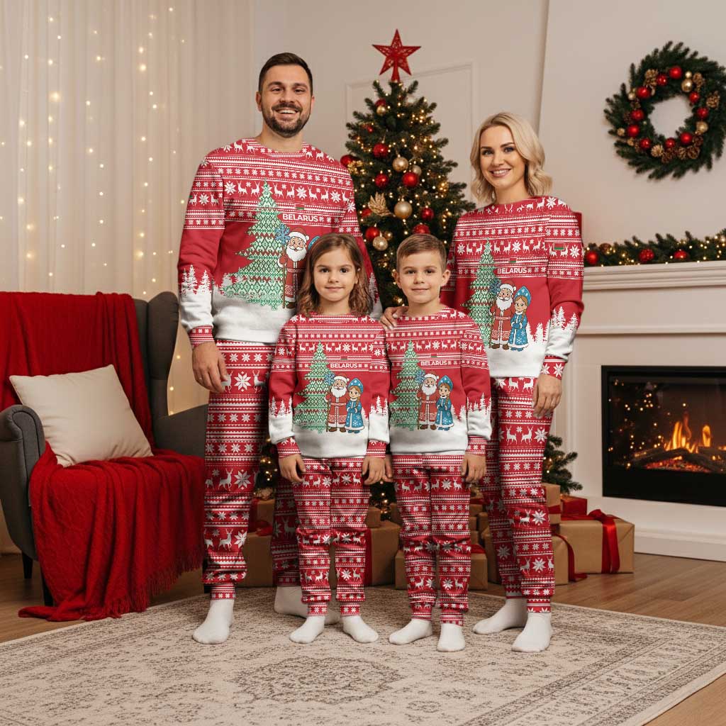 Belarus Christmas Pajama Set with Ded Moroz Snow Maiden Christmas Tree and Nordic Pattern Design - Wonder Print Shop