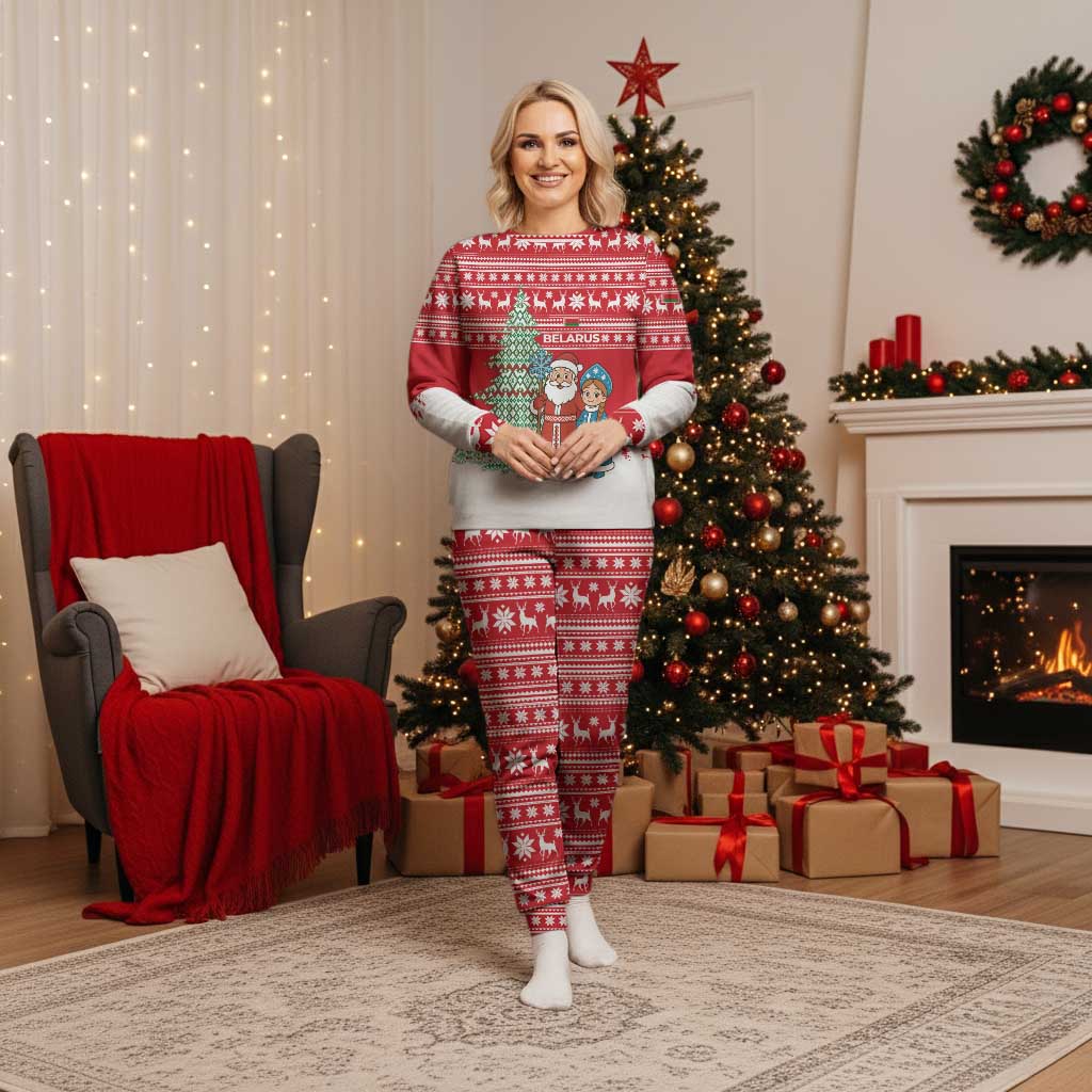 Belarus Christmas Pajama Set with Ded Moroz Snow Maiden Christmas Tree and Nordic Pattern Design - Wonder Print Shop