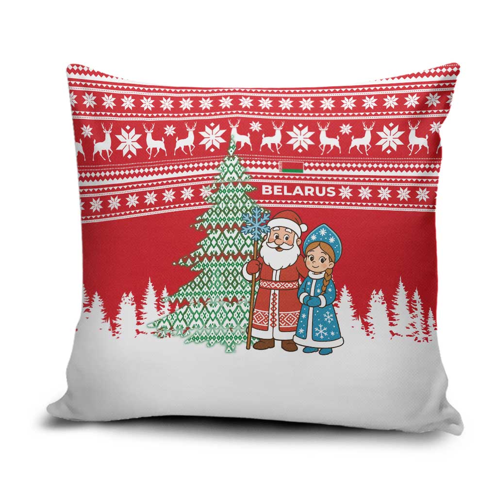 Belarus Christmas Pillow Cover with Ded Moroz Snow Maiden Christmas Tree and Nordic Pattern Design - Wonder Print Shop