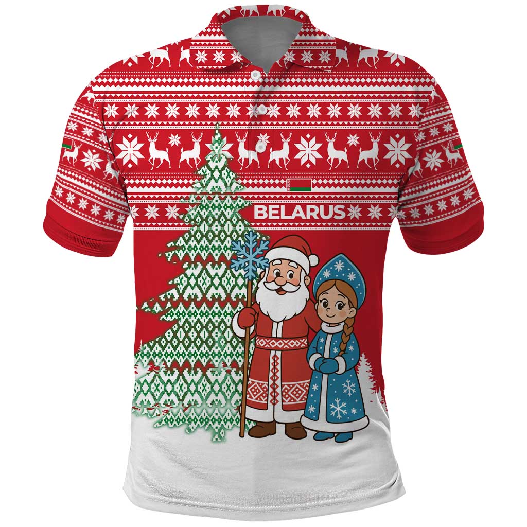 Belarus Christmas Polo Shirt with Ded Moroz Snow Maiden Christmas Tree and Nordic Pattern Design - Wonder Print Shop