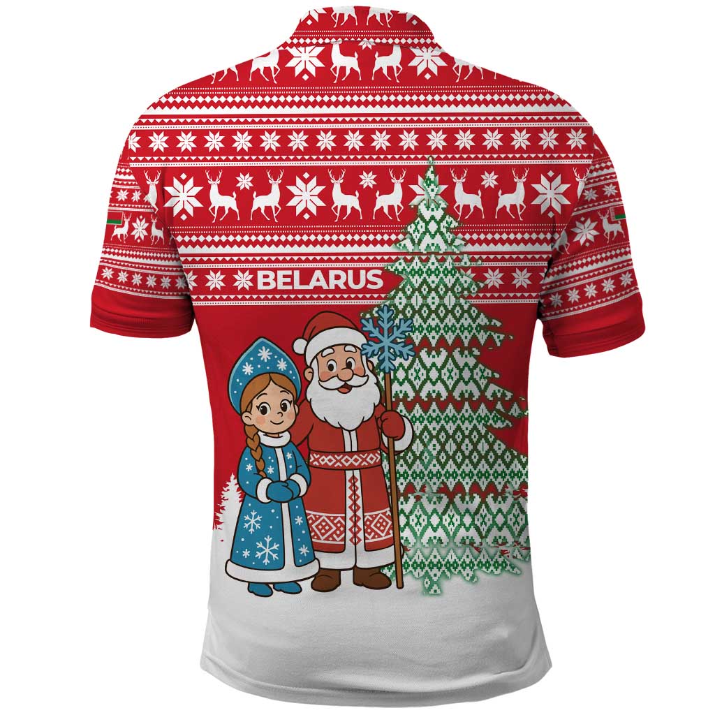 Belarus Christmas Polo Shirt with Ded Moroz Snow Maiden Christmas Tree and Nordic Pattern Design - Wonder Print Shop