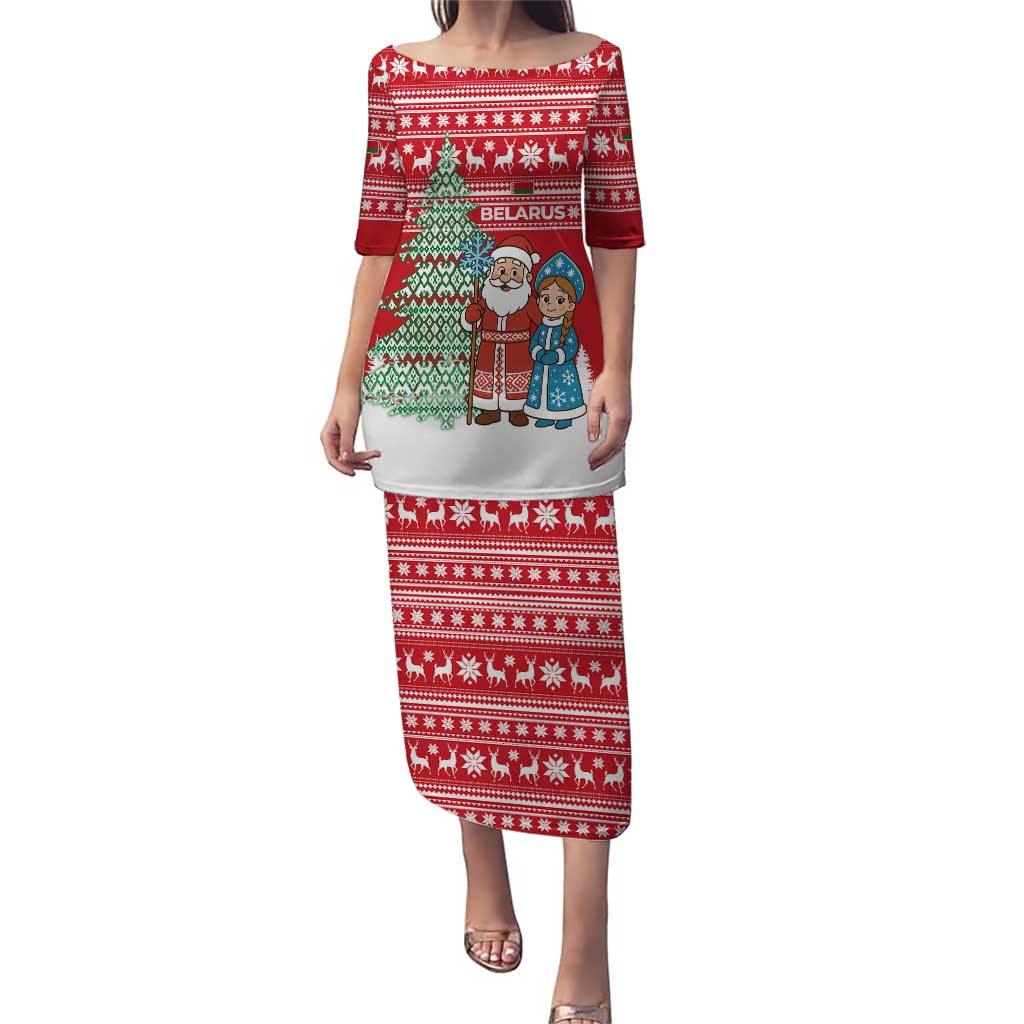 Belarus Christmas Puletasi with Ded Moroz Snow Maiden Christmas Tree and Nordic Pattern Design - Wonder Print Shop