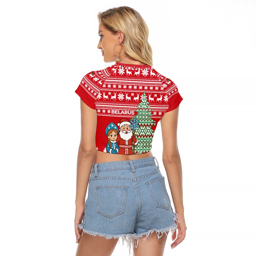 Belarus Christmas Raglan Cropped T Shirt with Ded Moroz Snow Maiden Christmas Tree and Nordic Pattern Design - Wonder Print Shop