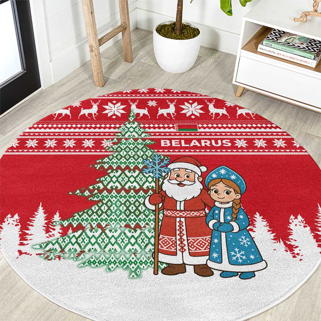 Belarus Christmas Round Carpet with Ded Moroz Snow Maiden Christmas Tree and Nordic Pattern Design - Wonder Print Shop