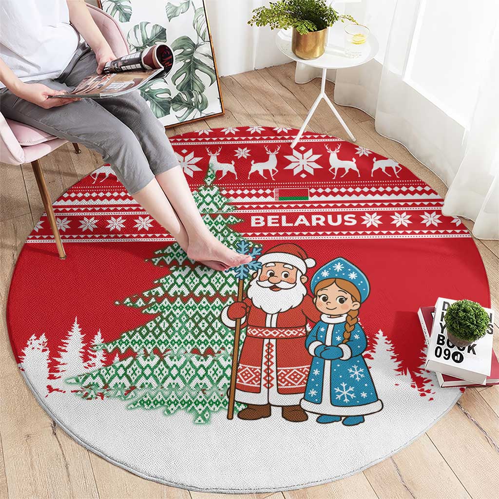 Belarus Christmas Round Carpet with Ded Moroz Snow Maiden Christmas Tree and Nordic Pattern Design - Wonder Print Shop