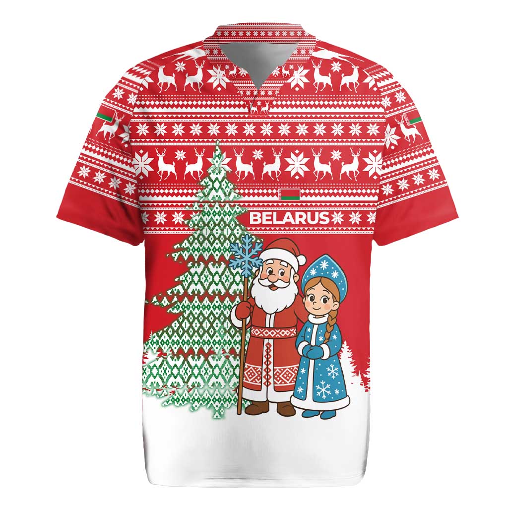 Belarus Christmas Rugby Jersey with Ded Moroz Snow Maiden Christmas Tree and Nordic Pattern Design - Wonder Print Shop