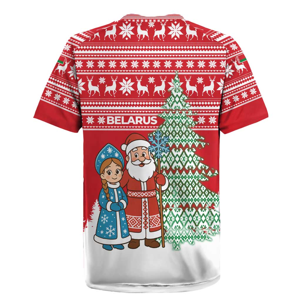 Belarus Christmas Rugby Jersey with Ded Moroz Snow Maiden Christmas Tree and Nordic Pattern Design - Wonder Print Shop