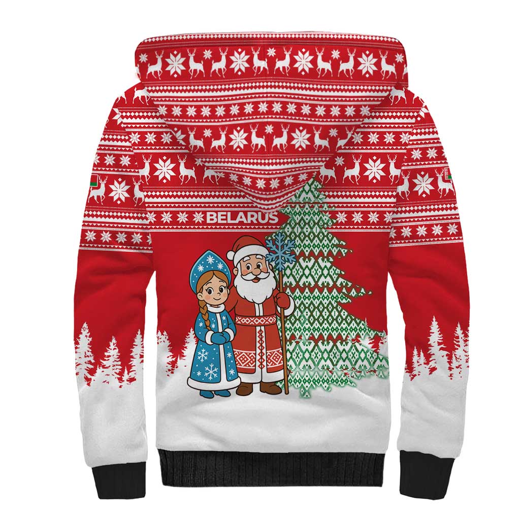 Belarus Christmas Sherpa Hoodie with Ded Moroz Snow Maiden Christmas Tree and Nordic Pattern Design - Wonder Print Shop