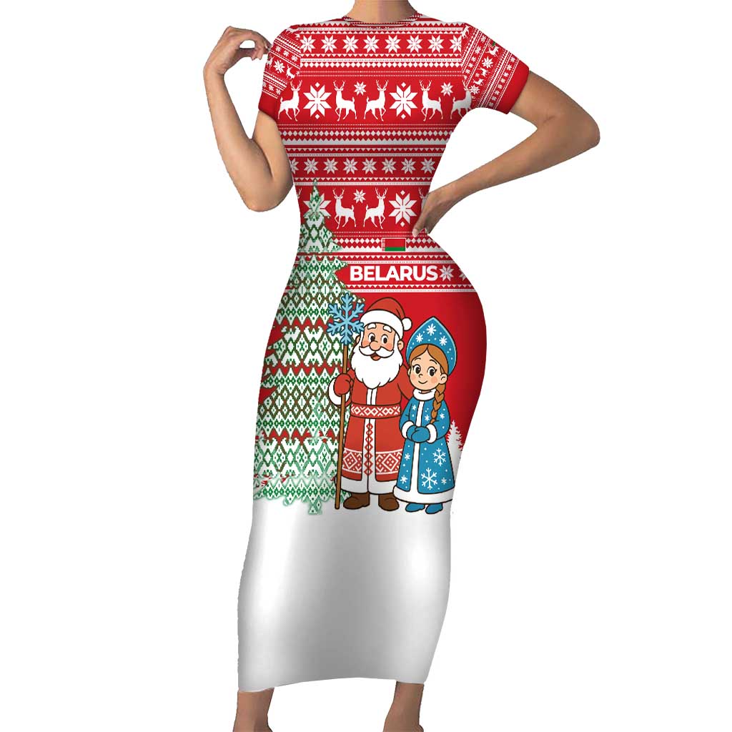 Belarus Christmas Short Sleeve Bodycon Dress with Ded Moroz Snow Maiden Christmas Tree and Nordic Pattern Design - Wonder Print Shop