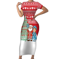 Belarus Christmas Short Sleeve Bodycon Dress with Ded Moroz Snow Maiden Christmas Tree and Nordic Pattern Design - Wonder Print Shop