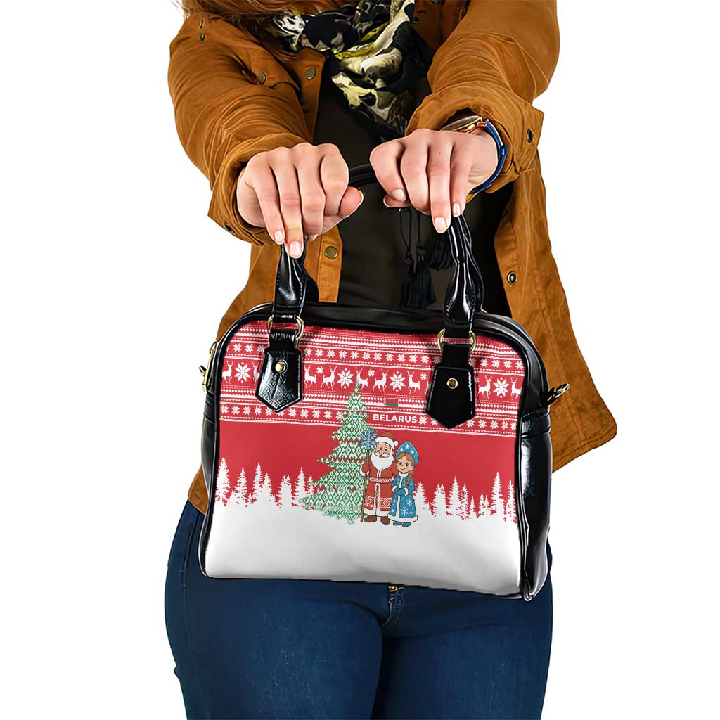 Belarus Christmas Shoulder Handbag with Ded Moroz Snow Maiden Christmas Tree and Nordic Pattern Design - Wonder Print Shop