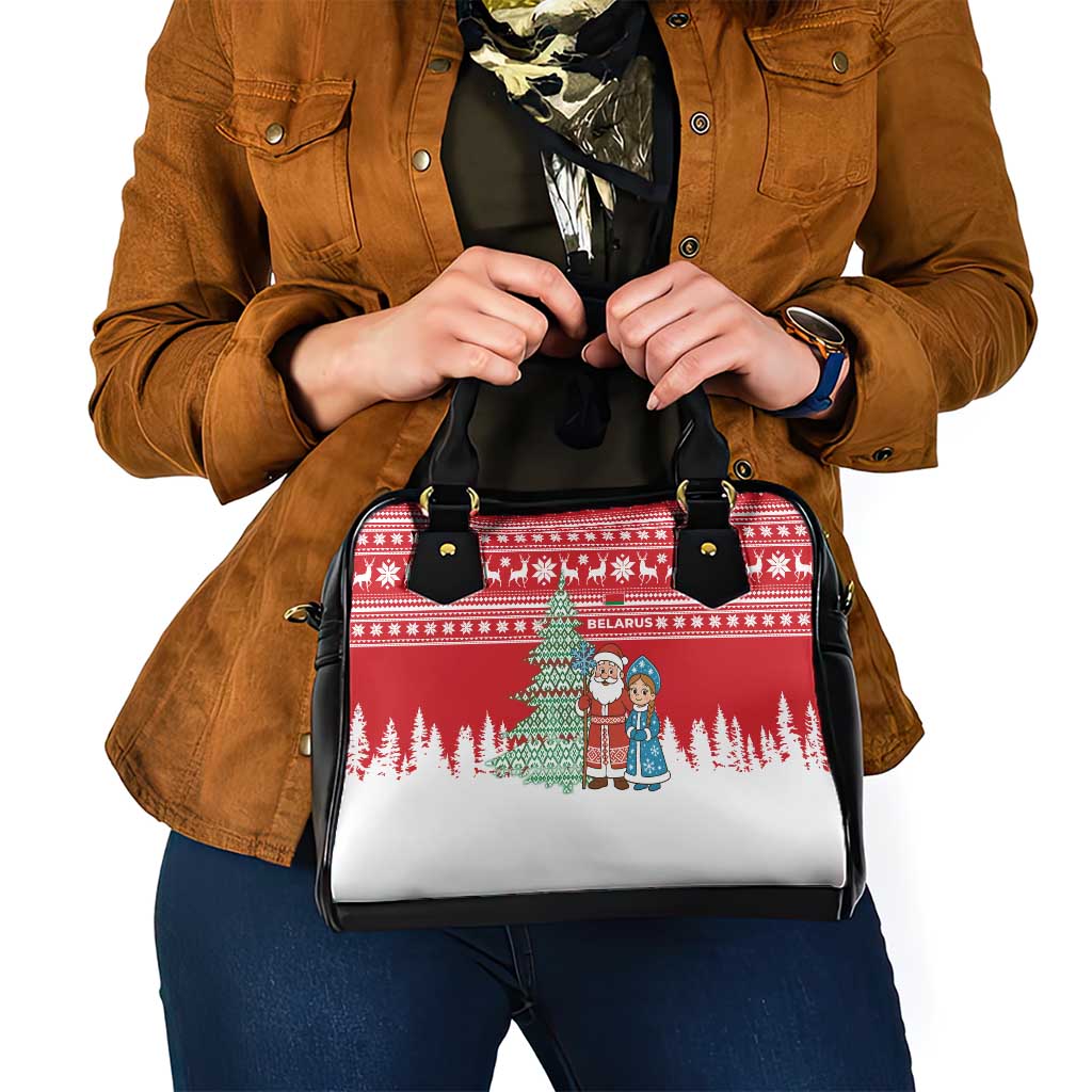 Belarus Christmas Shoulder Handbag with Ded Moroz Snow Maiden Christmas Tree and Nordic Pattern Design - Wonder Print Shop