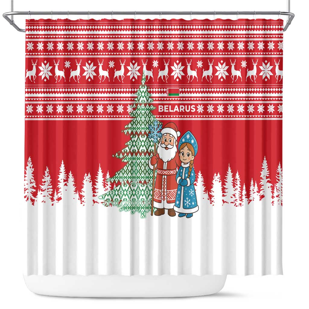Belarus Christmas Shower Curtain with Ded Moroz Snow Maiden Christmas Tree and Nordic Pattern Design - Wonder Print Shop