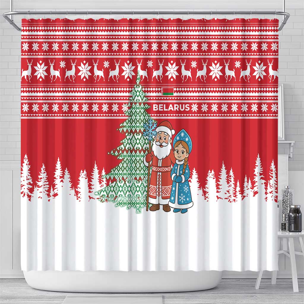 Belarus Christmas Shower Curtain with Ded Moroz Snow Maiden Christmas Tree and Nordic Pattern Design - Wonder Print Shop