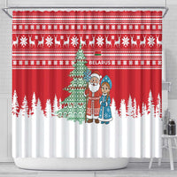 Belarus Christmas Shower Curtain with Ded Moroz Snow Maiden Christmas Tree and Nordic Pattern Design - Wonder Print Shop