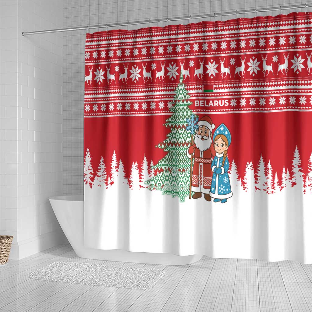 Belarus Christmas Shower Curtain with Ded Moroz Snow Maiden Christmas Tree and Nordic Pattern Design - Wonder Print Shop