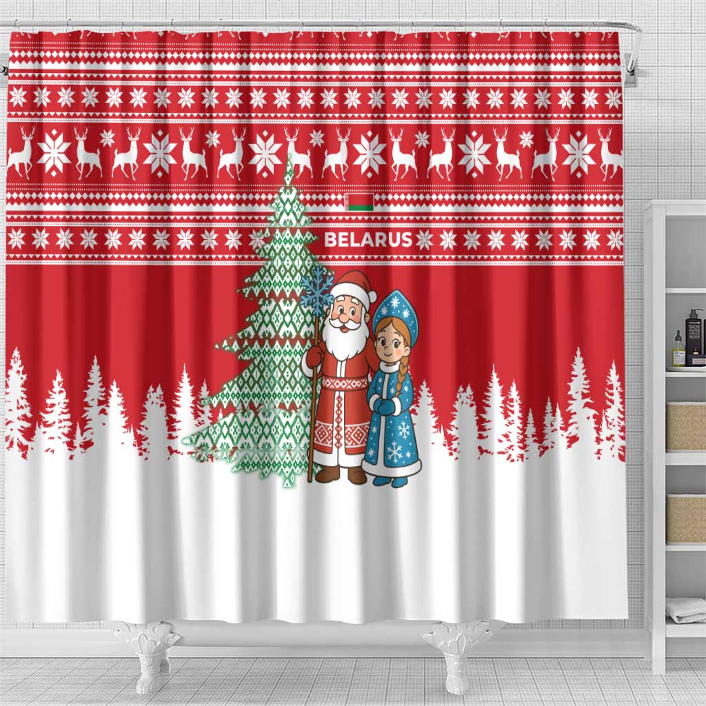 Belarus Christmas Shower Curtain with Ded Moroz Snow Maiden Christmas Tree and Nordic Pattern Design - Wonder Print Shop