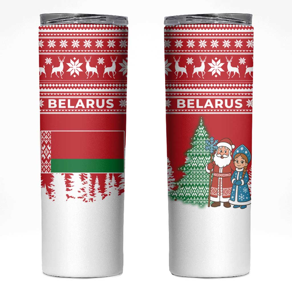 Belarus Christmas Skinny Tumbler with Ded Moroz Snow Maiden Christmas Tree and Nordic Pattern Design - Wonder Print Shop
