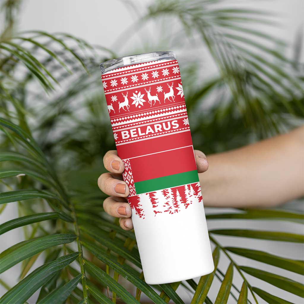 Belarus Christmas Skinny Tumbler with Ded Moroz Snow Maiden Christmas Tree and Nordic Pattern Design - Wonder Print Shop