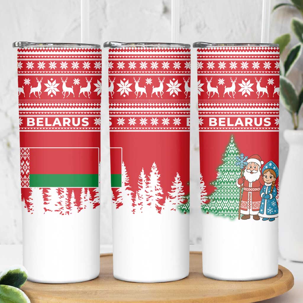 Belarus Christmas Skinny Tumbler with Ded Moroz Snow Maiden Christmas Tree and Nordic Pattern Design - Wonder Print Shop