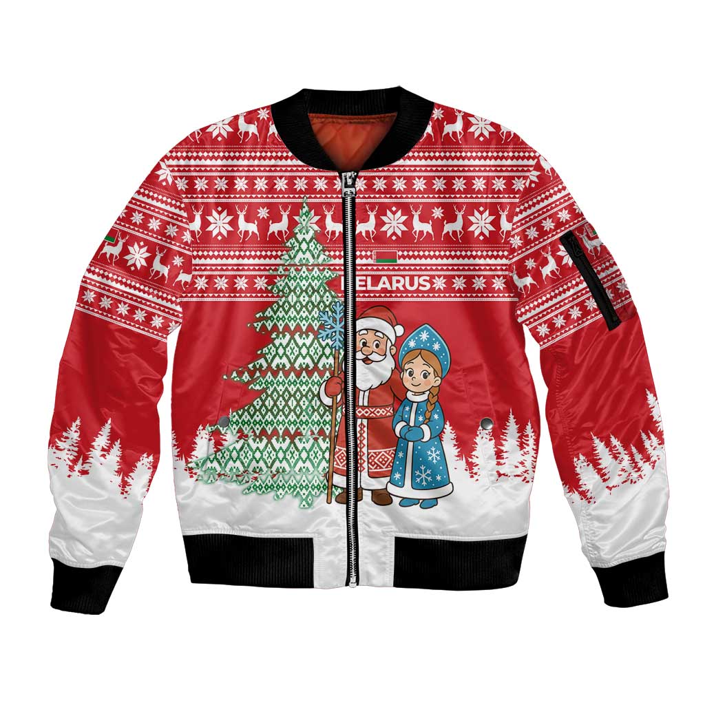 Belarus Christmas Sleeve Zip Bomber Jacket with Ded Moroz Snow Maiden Christmas Tree and Nordic Pattern Design - Wonder Print Shop