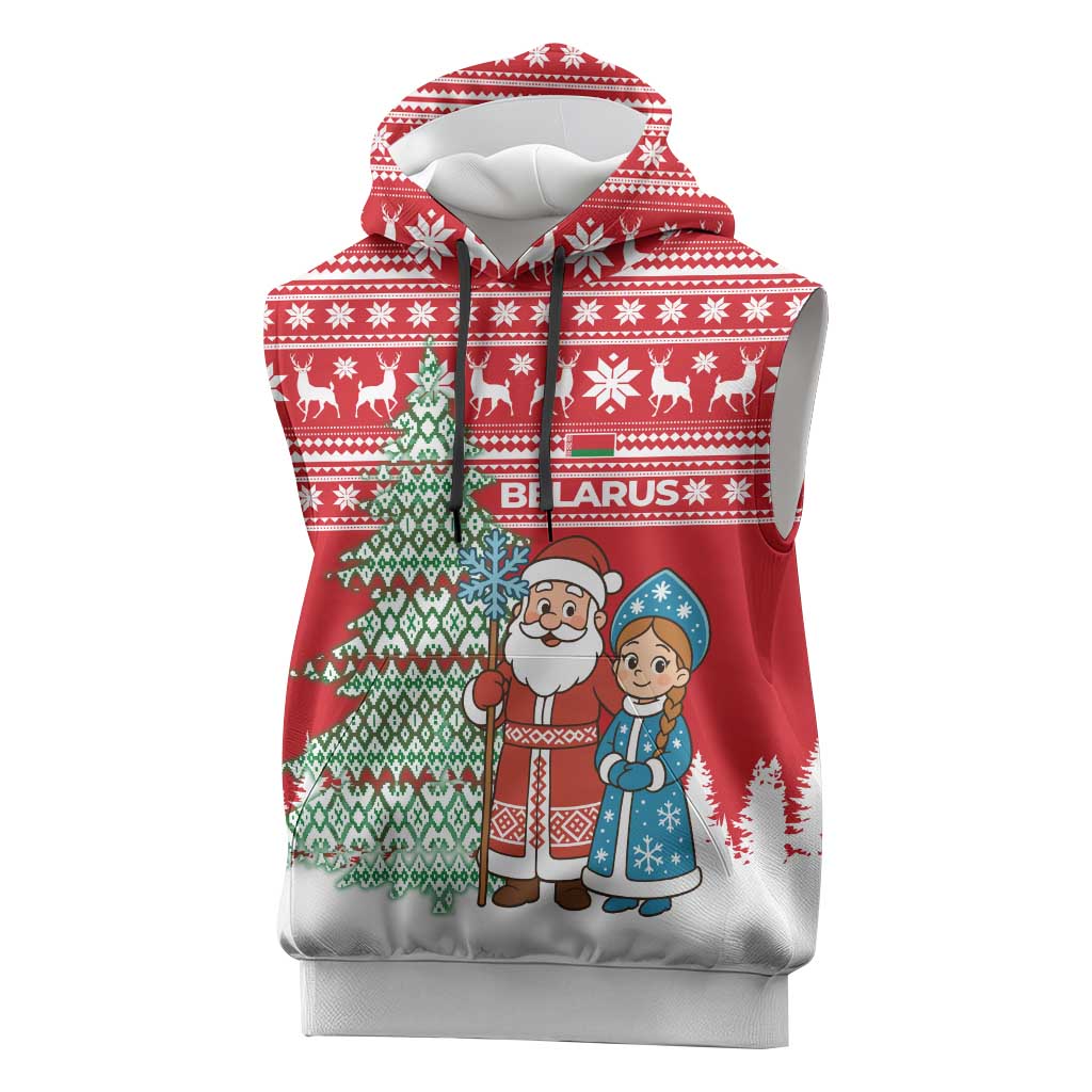 Belarus Christmas Sleeveless Hoodie with Ded Moroz Snow Maiden Christmas Tree and Nordic Pattern Design - Wonder Print Shop