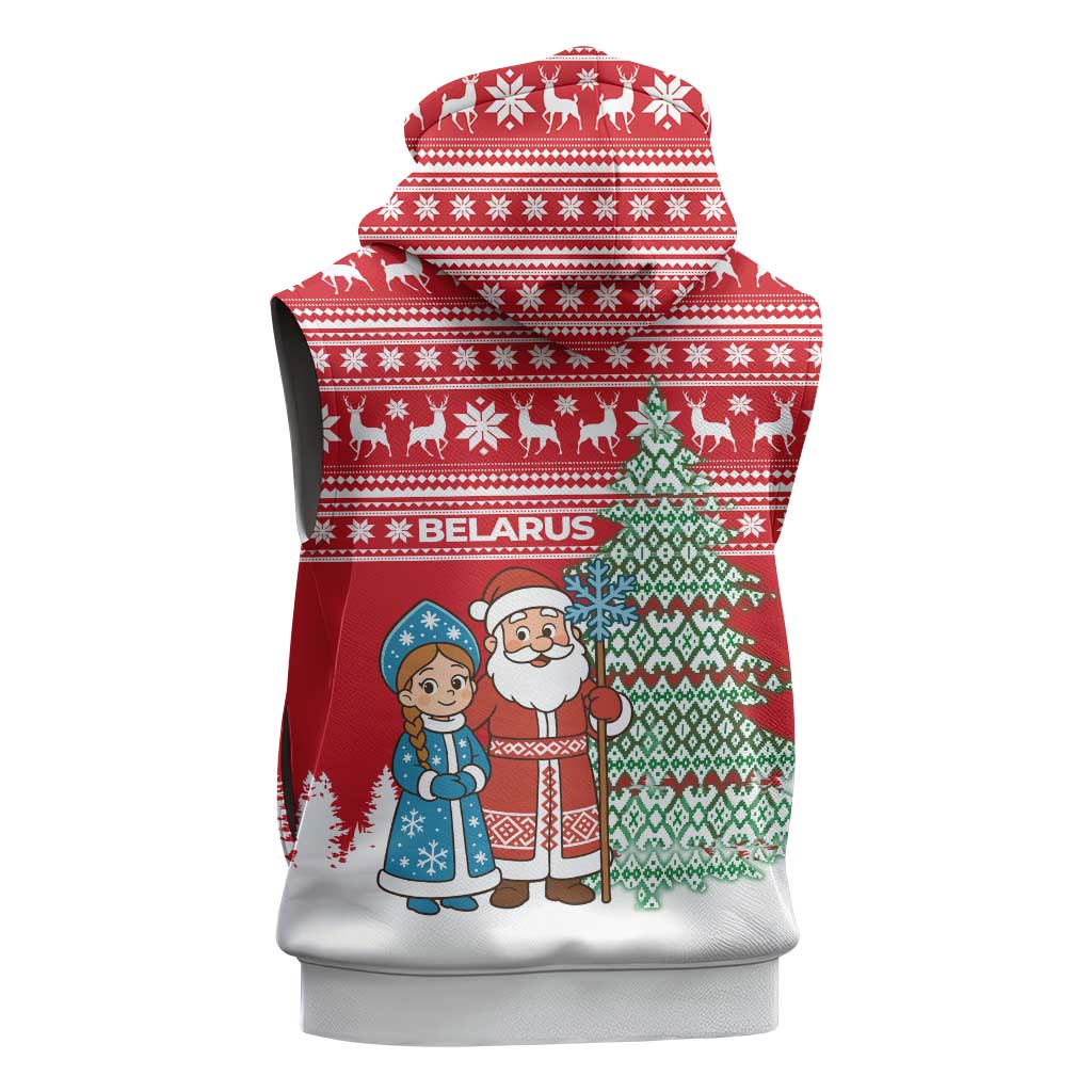 Belarus Christmas Sleeveless Hoodie with Ded Moroz Snow Maiden Christmas Tree and Nordic Pattern Design - Wonder Print Shop