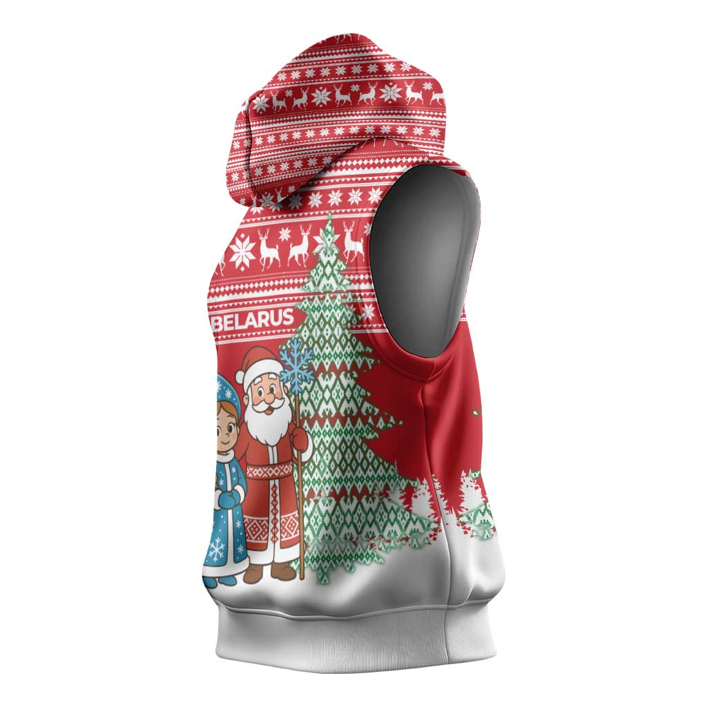 Belarus Christmas Sleeveless Hoodie with Ded Moroz Snow Maiden Christmas Tree and Nordic Pattern Design - Wonder Print Shop