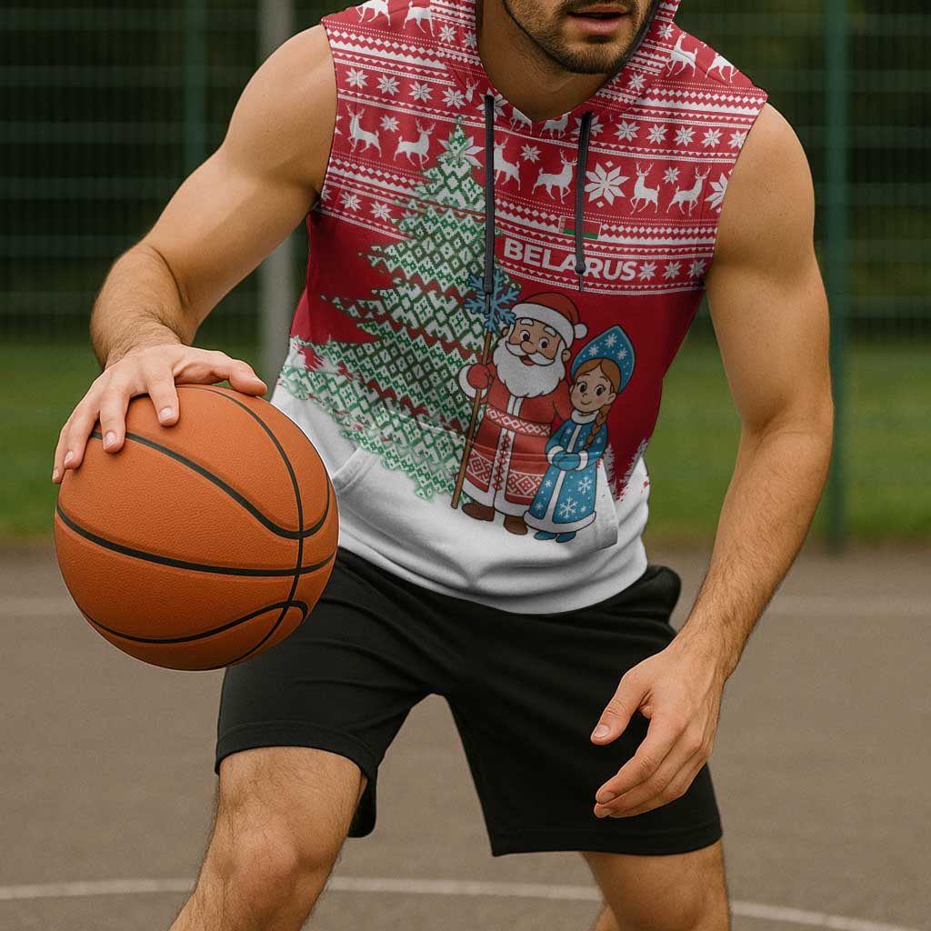 Belarus Christmas Sleeveless Hoodie with Ded Moroz Snow Maiden Christmas Tree and Nordic Pattern Design - Wonder Print Shop