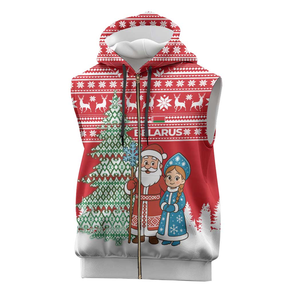 Belarus Christmas Sleeveless Zip Hoodie with Ded Moroz Snow Maiden Christmas Tree and Nordic Pattern Design - Wonder Print Shop