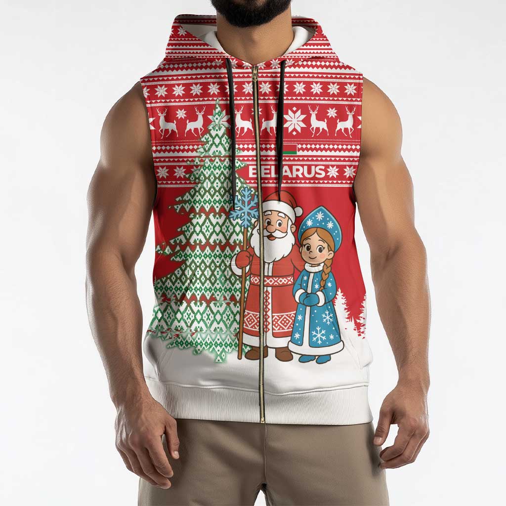 Belarus Christmas Sleeveless Zip Hoodie with Ded Moroz Snow Maiden Christmas Tree and Nordic Pattern Design - Wonder Print Shop