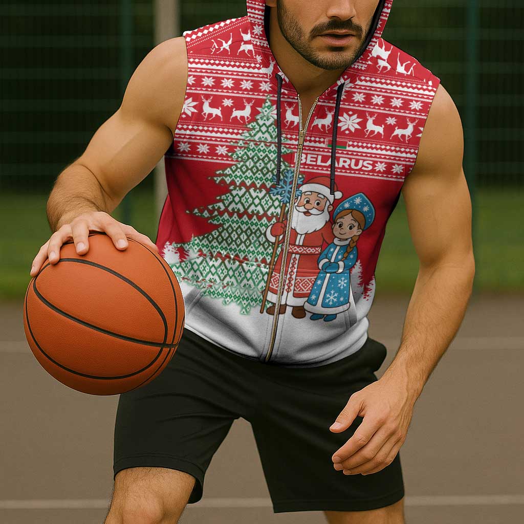 Belarus Christmas Sleeveless Zip Hoodie with Ded Moroz Snow Maiden Christmas Tree and Nordic Pattern Design - Wonder Print Shop