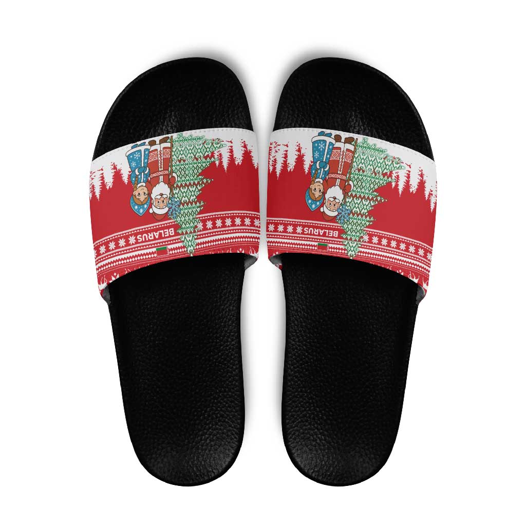 Belarus Christmas Slide Sandals with Ded Moroz Snow Maiden Christmas Tree and Nordic Pattern Design - Wonder Print Shop